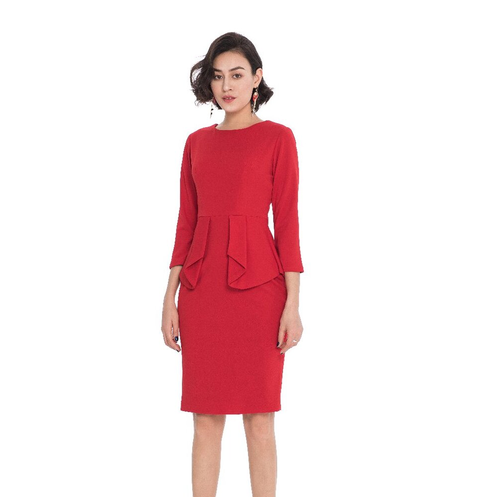 Women's Red Peplum Midi Dress with Three-Quarter Sleeves